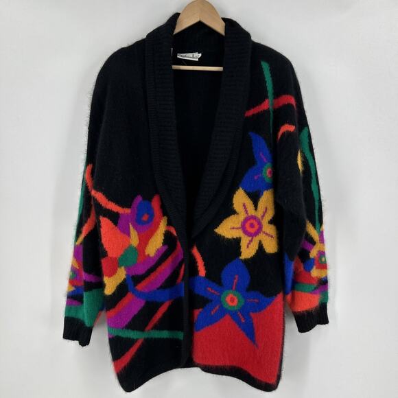 Vintage Rafaella Angora Cardigan Womens Size L Floral Graphic Black Vibrant 80s - Picture 3 of 10